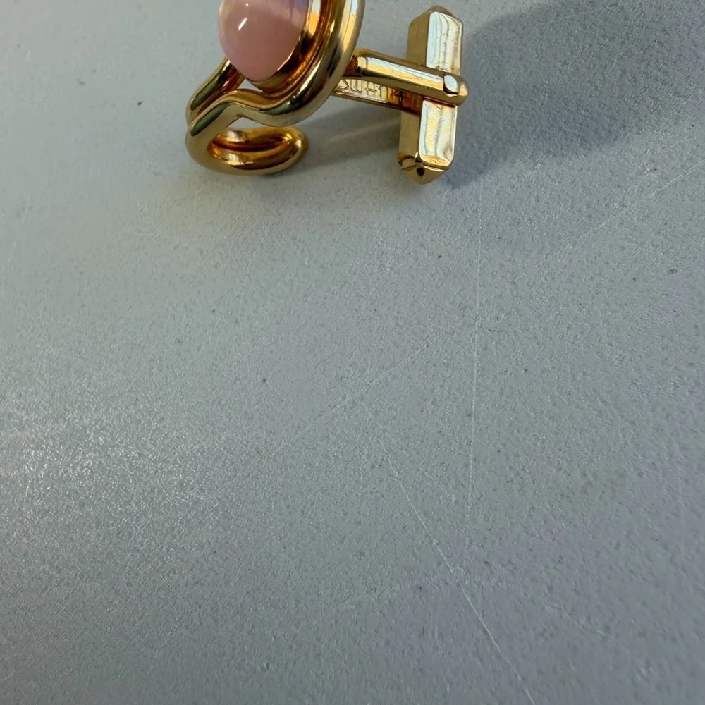 Vintage Swank Gold Tone Pink Faux Moonstone Cabochon Hook Design Cufflinks